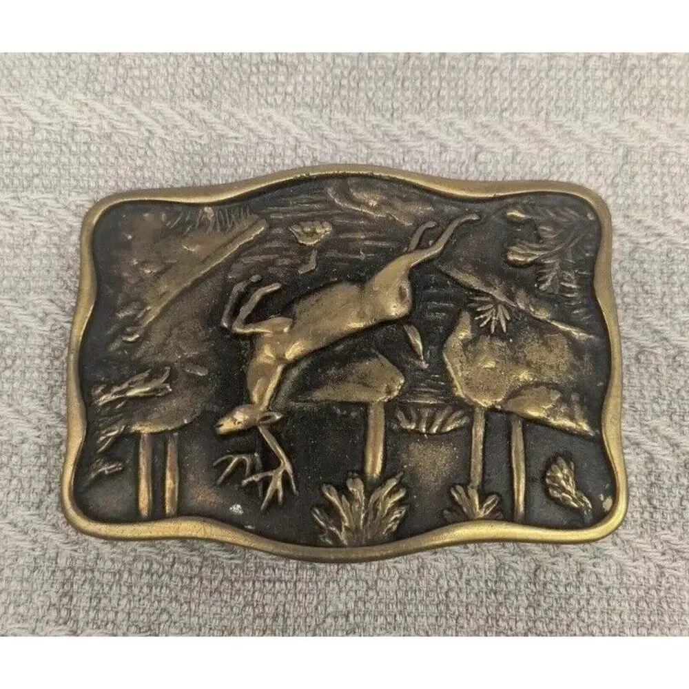 Vintage 1978 BTS Solid Brass Belt Buckle Deer Hunting Wilderness Made In USA